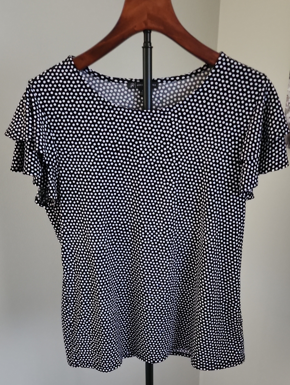 Adrianna Papell Black & White Polka Dot Flutter Sleeve Top Size M